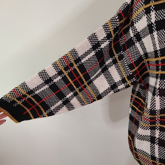 VTG Midnight Blues Metallic Plaid V Neck Sweater MED 90's Academia Relaxed Retro - Picture 6 of 10